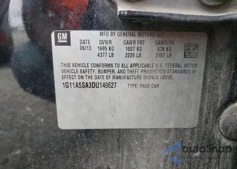 2013 Chevrolet Malibu Ls из США, поврежденный, VIN 1G11A5SA3DU149627